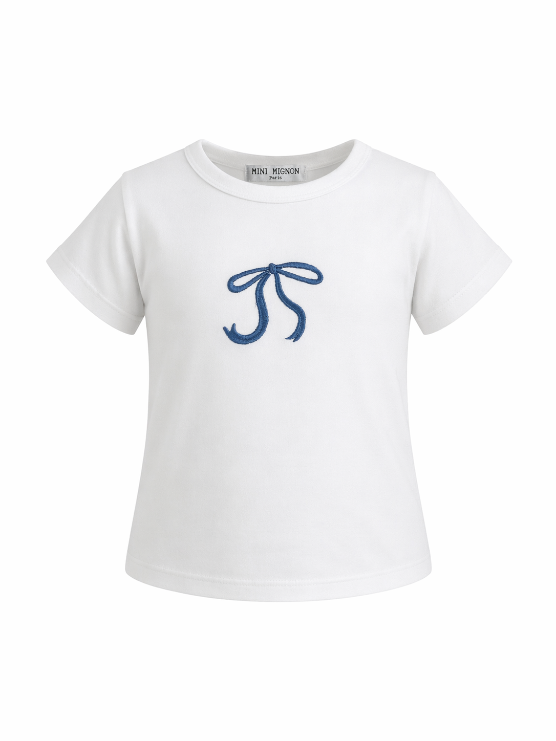 T-shirt blanc à nœud brodé bleu